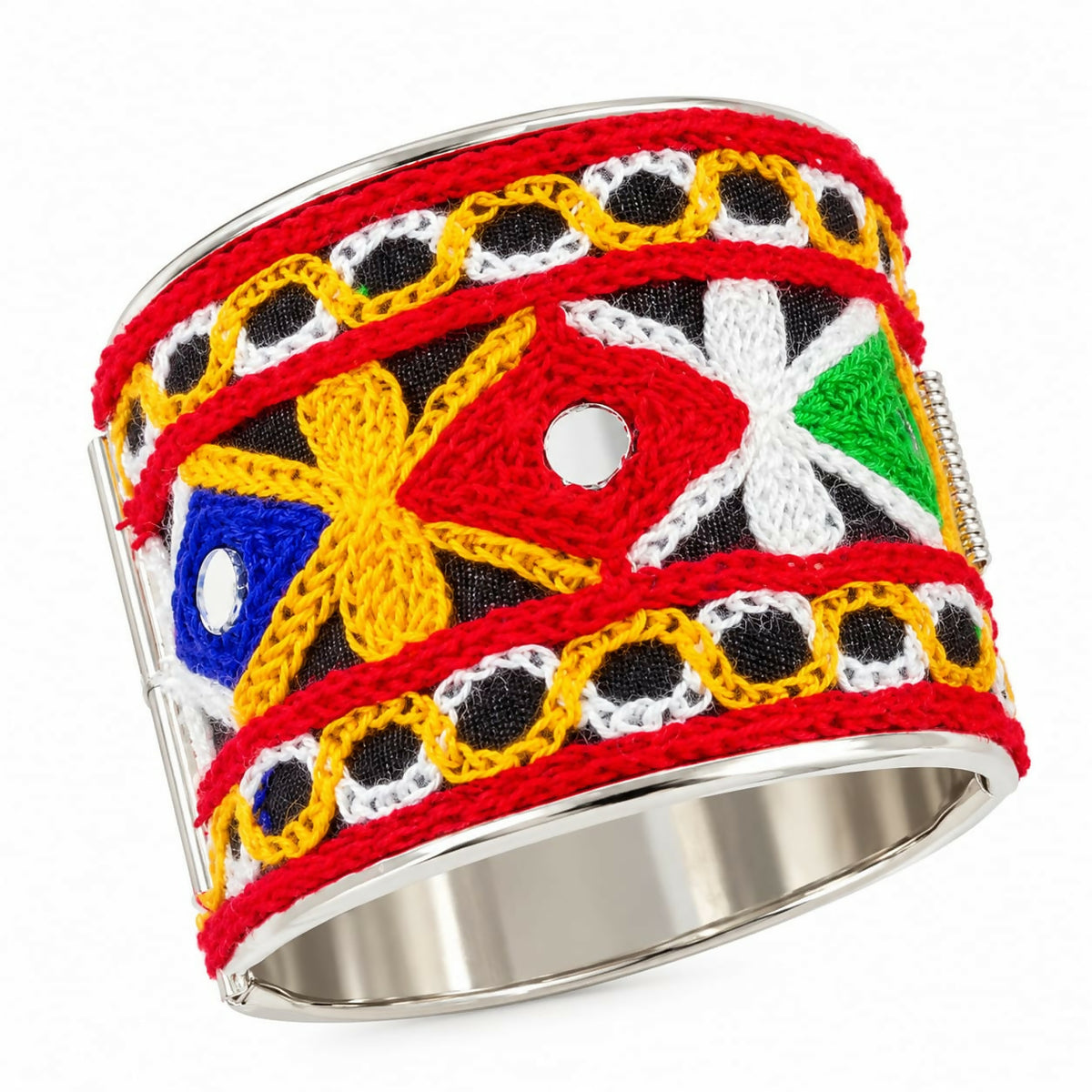 A wide silver cuff bracelet with vibrant embroidery and mirror work on a white background.