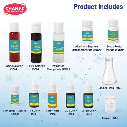 A graphic displays various liquid and powder chemicals, a conical flask, and a beaker included in the kit.