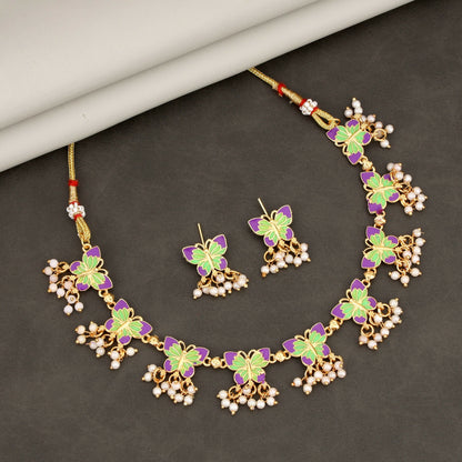 Artistic Purple & Green Enamel Butterfly Choker Set with Pearl Drops
