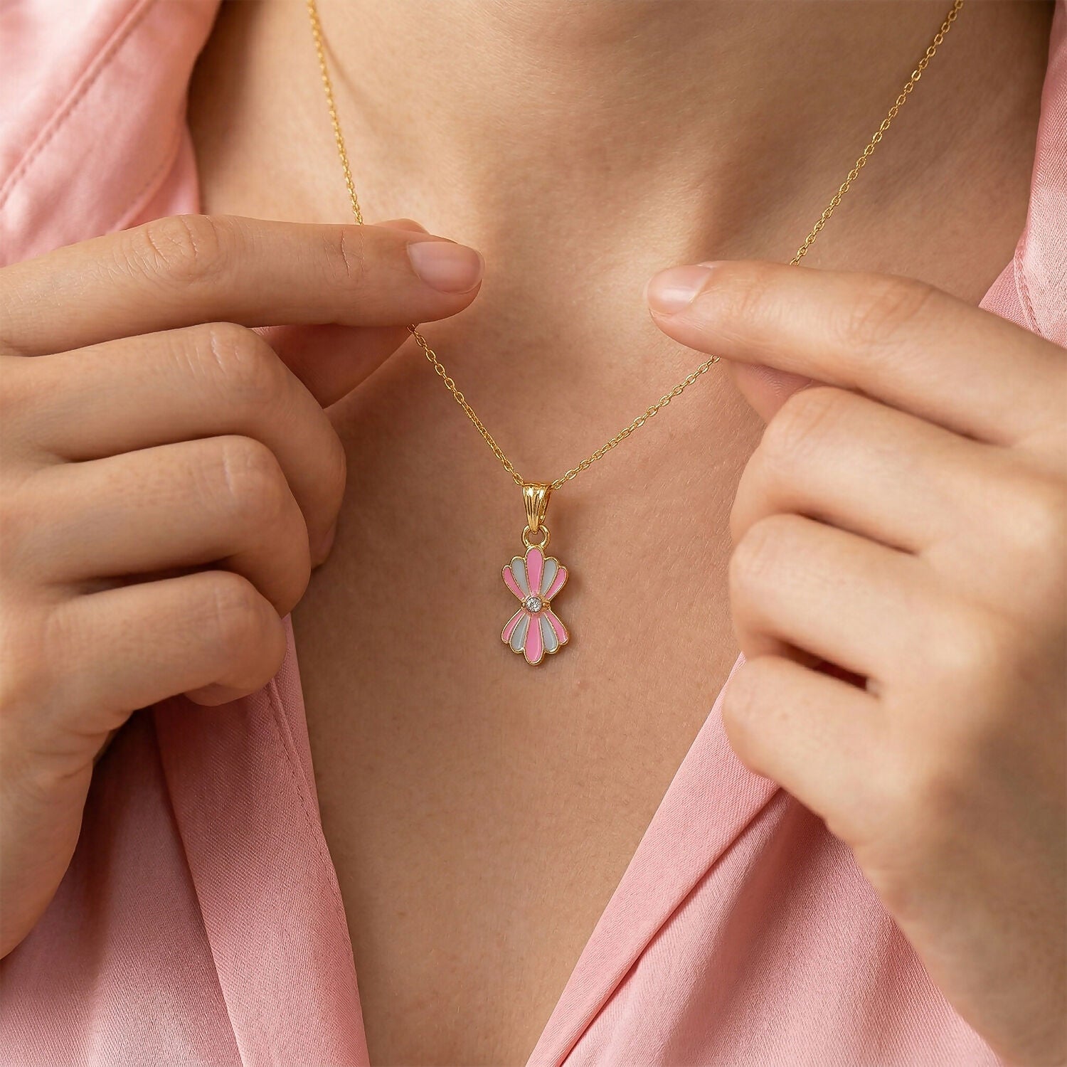 Colorful Enamel Flower Pendant Necklace on Gold Chain