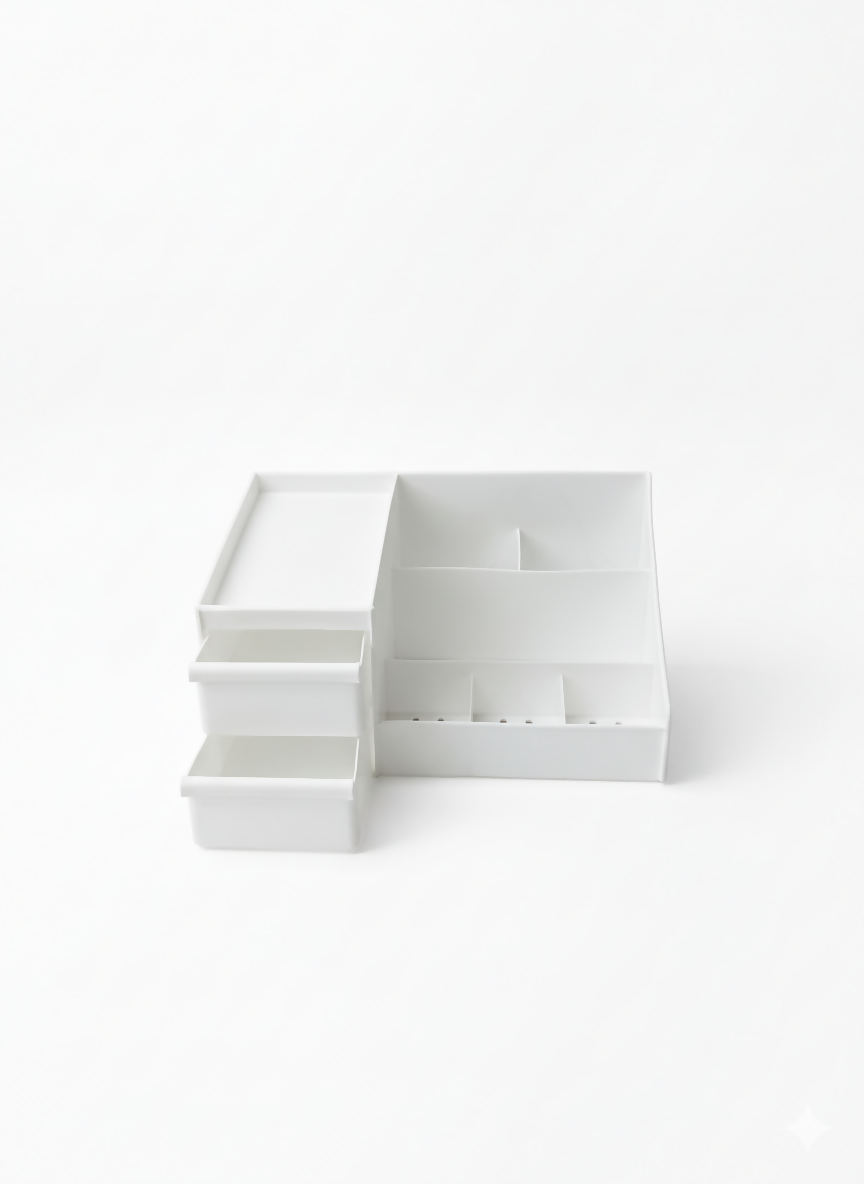 Side view of makeup drawer organizer in white plastic highlighting sturdy build and handles