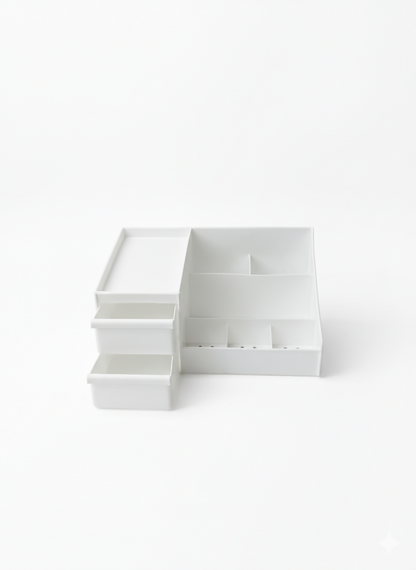 Side view of makeup drawer organizer in white plastic highlighting sturdy build and handles