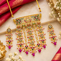 Traditional Golden-Tone Imitation Jewellery Set – Ornate Rectangular Pendant Necklace with Multi-Strand Heart Drops & Matching Earrings