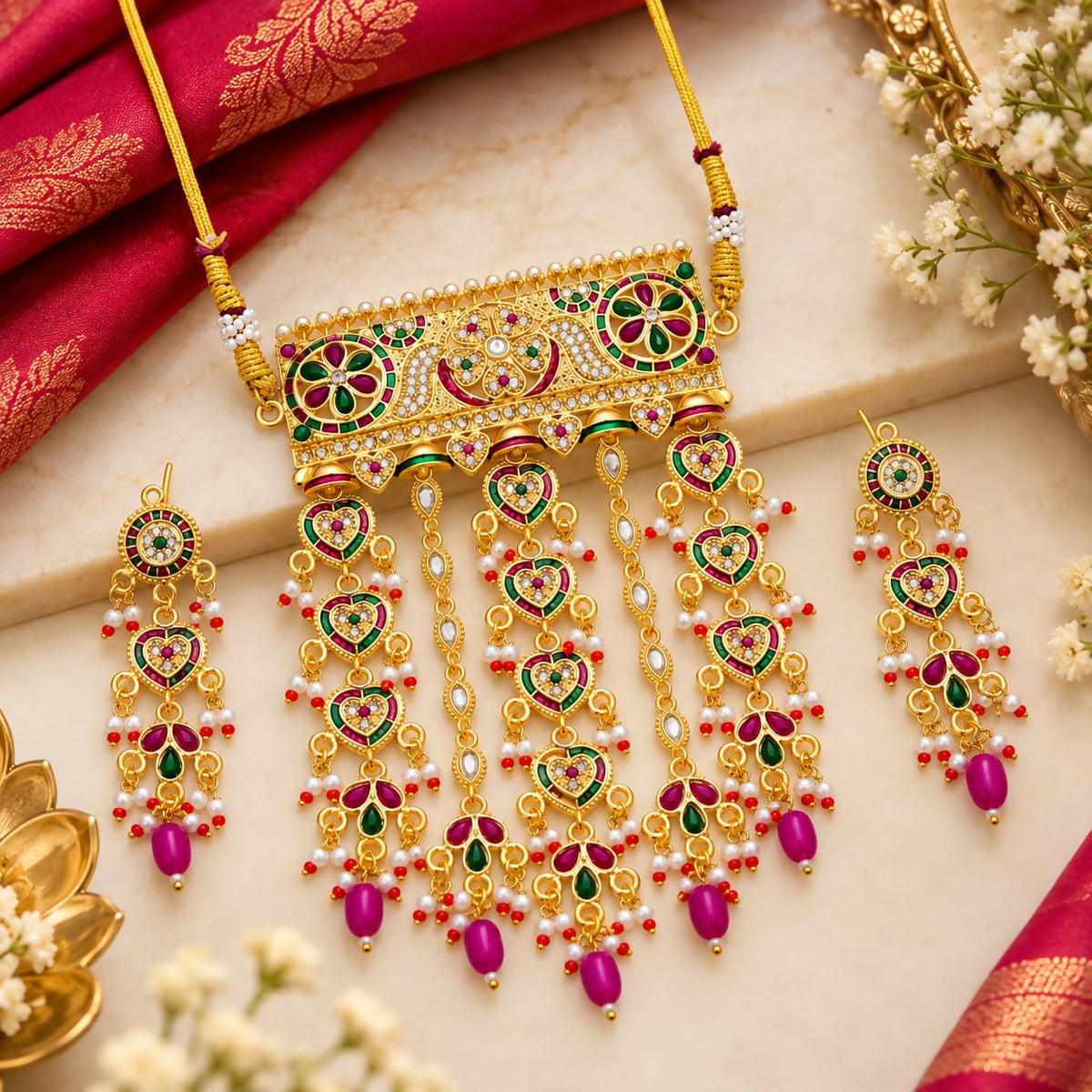 Golden-tone choker necklace and matching earrings with ornate rectangular pendant and heart-shaped drops, set on a red