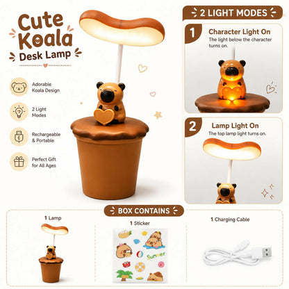 A graphic display of the koala desk lamp highlights its two light modes and included accessories.