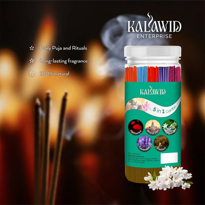 Premium Agarbatti 5 In 1 Combo with Fantasiya, Bharatvasi, Rajnigandha, Lavender, Kasturi Fragrances for Long Lasting Aroma (400 Gm)