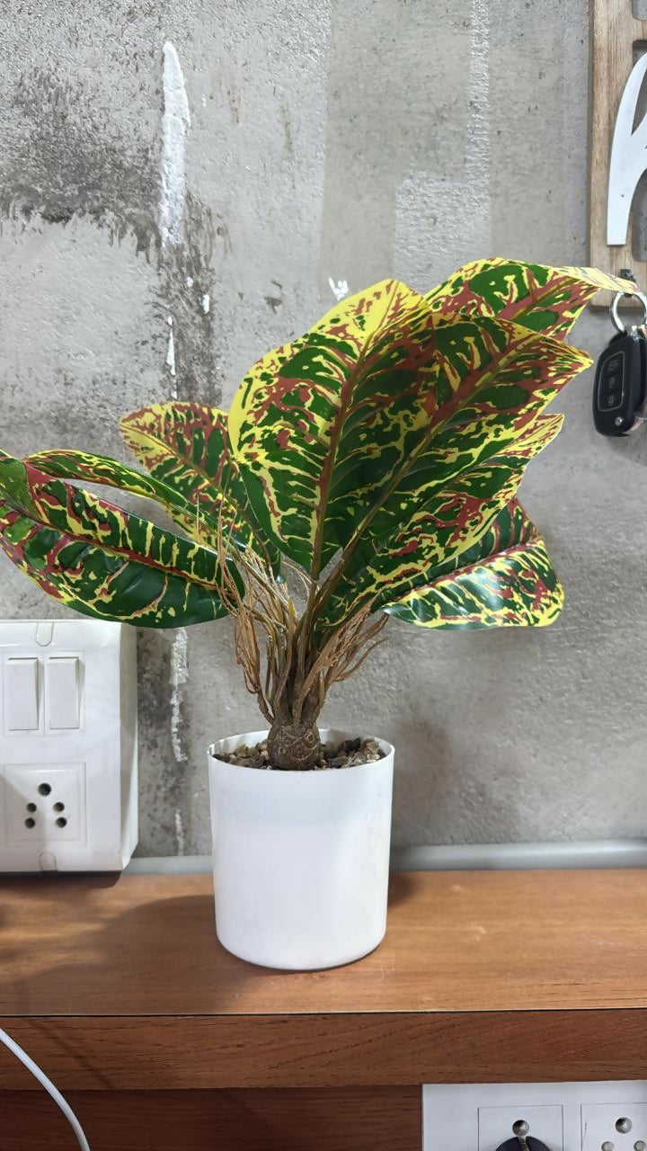 Artificial Croton Plant in White Pot – Realistic Colorful Faux Plant with Green, Yellow & Red Leaves – Tabletop Decorative Plant for Living Room, Bedroom, Office, Balcony & Café Décor