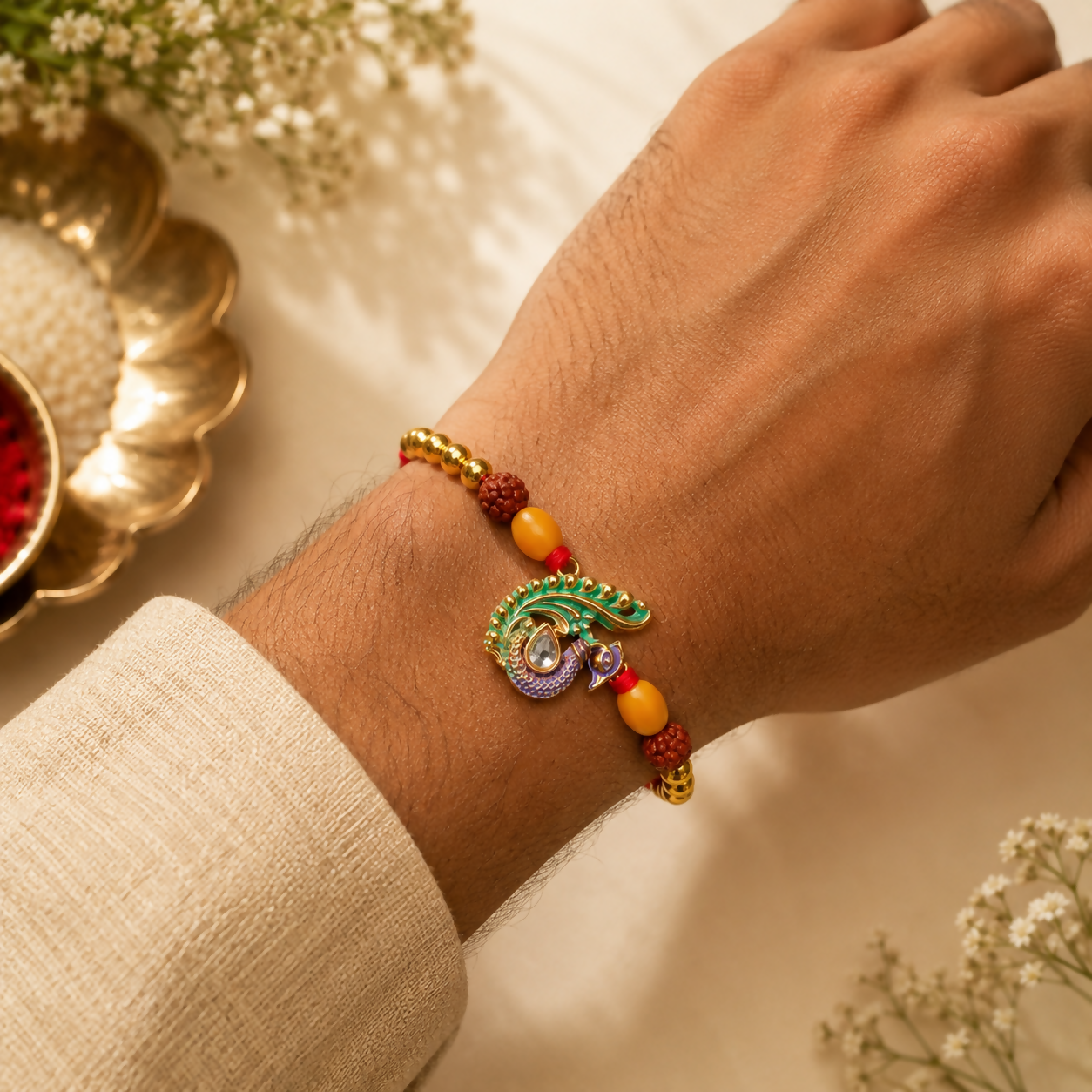 A man's wrist wears a festive thread with a peacock centerpiece, golden beads, and reddish-brown accents, against a