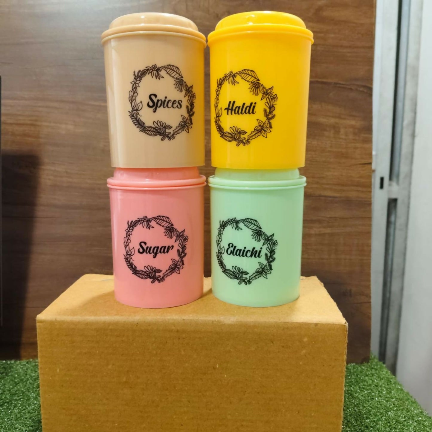 Airtight container filled with spices, showing stylish printed label