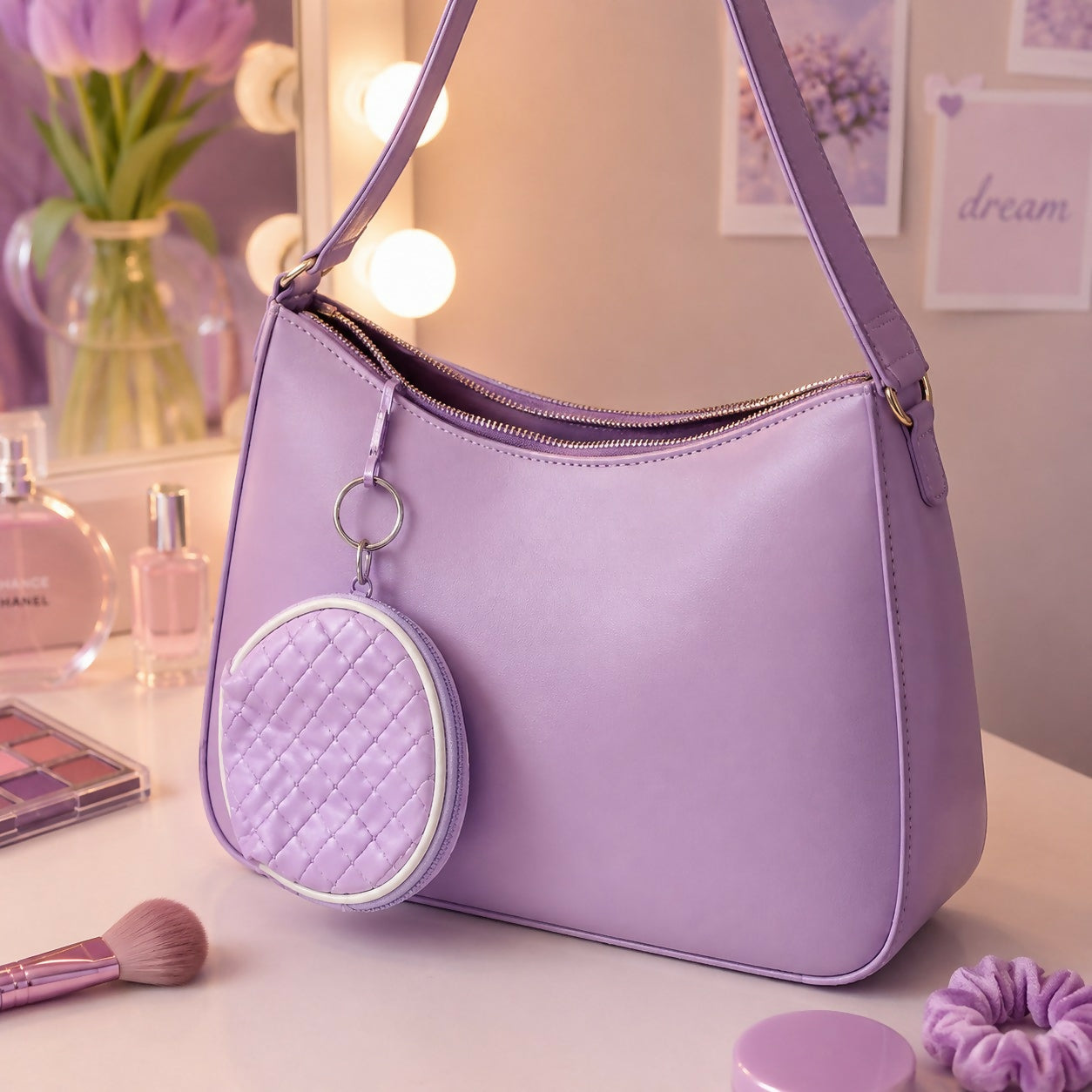 Mini zipper pouch with keychain attached to handbag