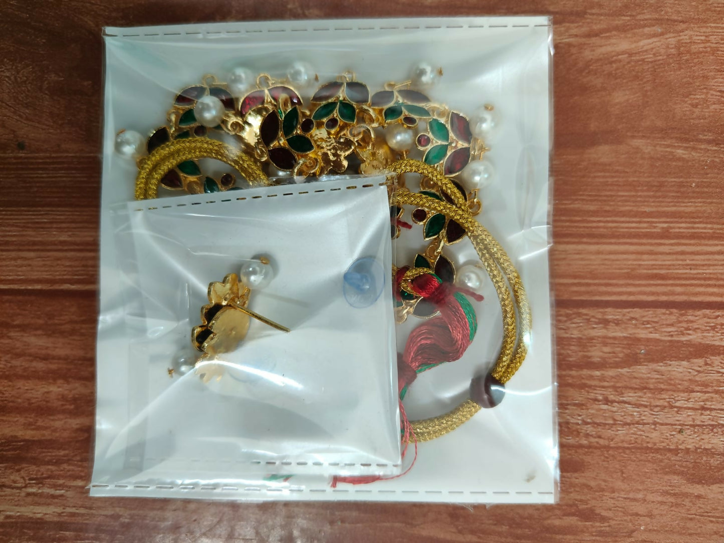 Rose Gold-Tone Bright Red & Green Enamel Lotus Choker Set