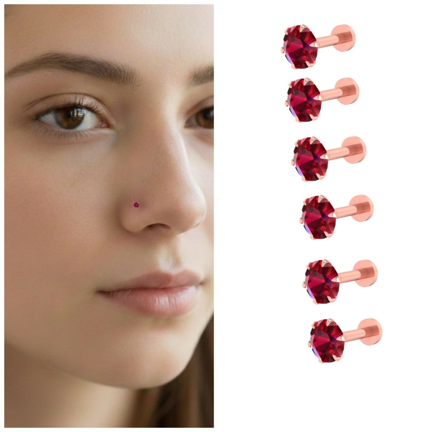 Combo pack of 6 ruby nosepin studs with rose gold plating displayed on white background