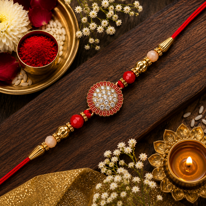 The red and gold bracelet with a central crystal medallion rests on a dark wooden surface, next to flowers and a small lit
