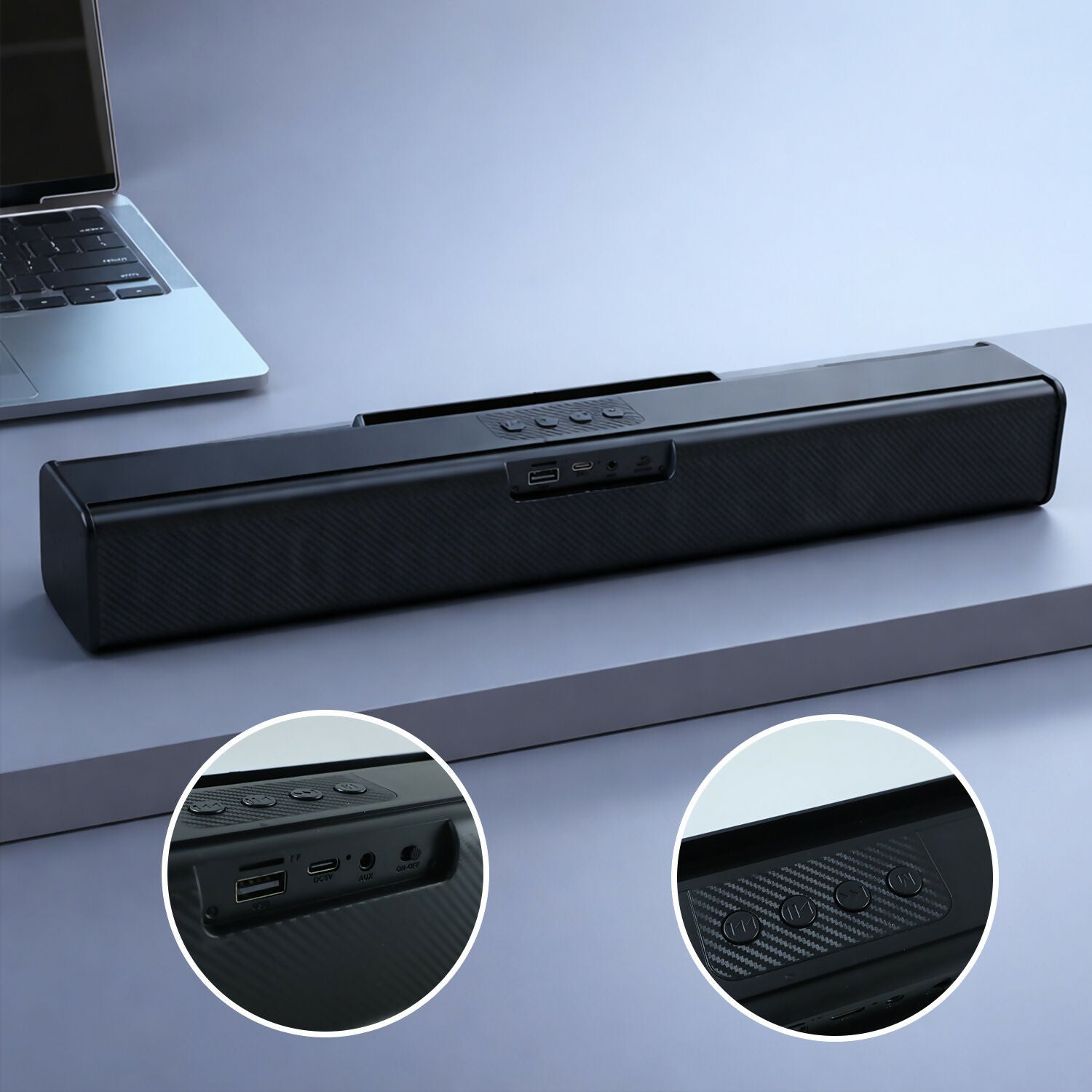 Wireless Bluetooth soundbar with mobile stand and sleek design.
