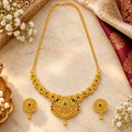 Traditional Antique Golden-Tone Temple Necklace Set with Multicolour Stones and Matching Stud Earrings