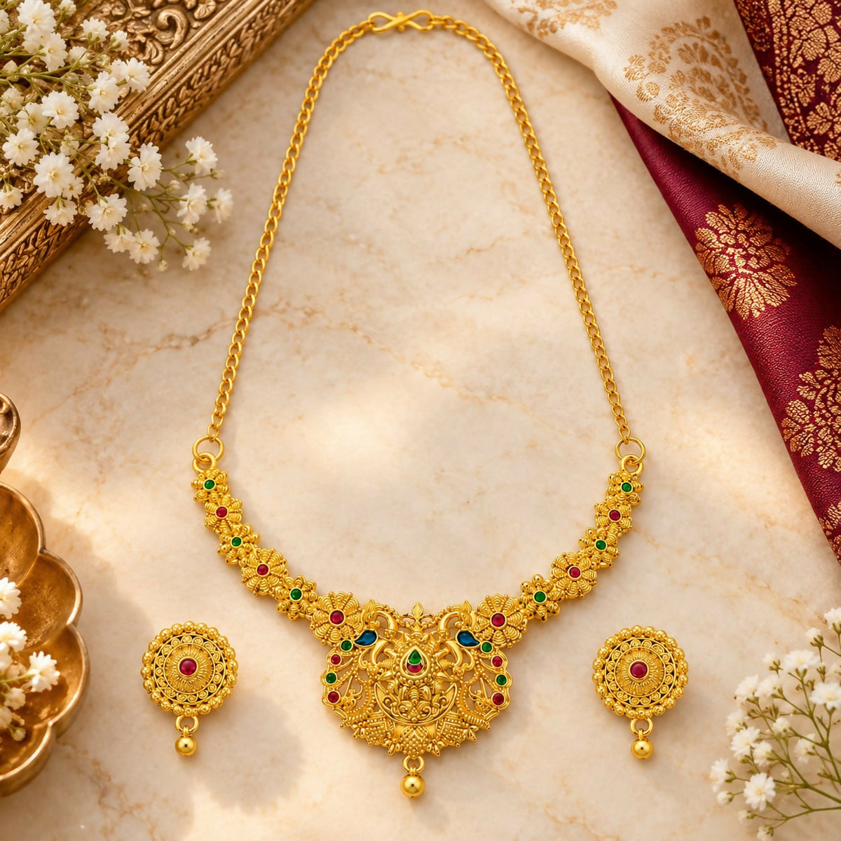 Traditional Antique Golden-Tone Temple Necklace Set with Multicolour Stones and Matching Stud Earrings