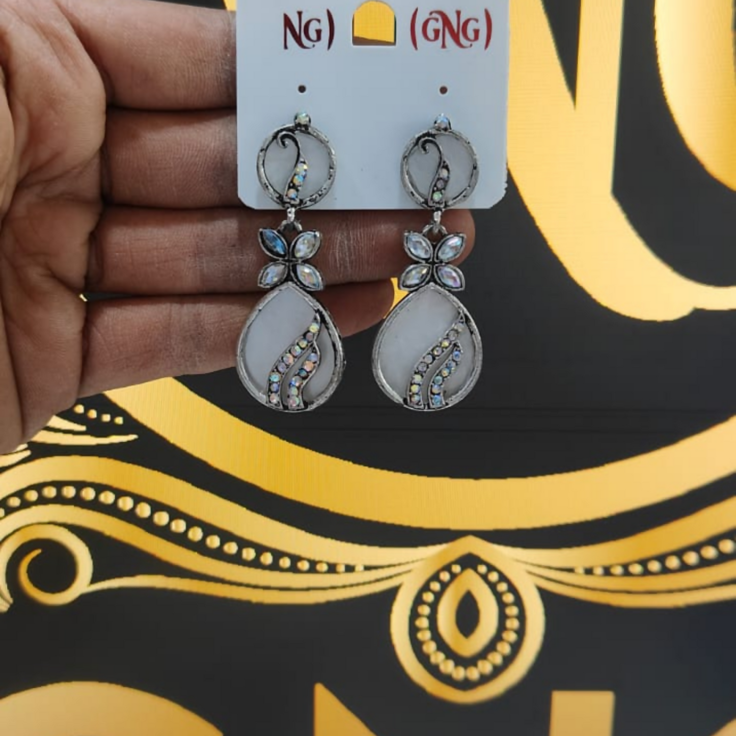 Oxidised White Stone Drop Silver Jhumka Earings