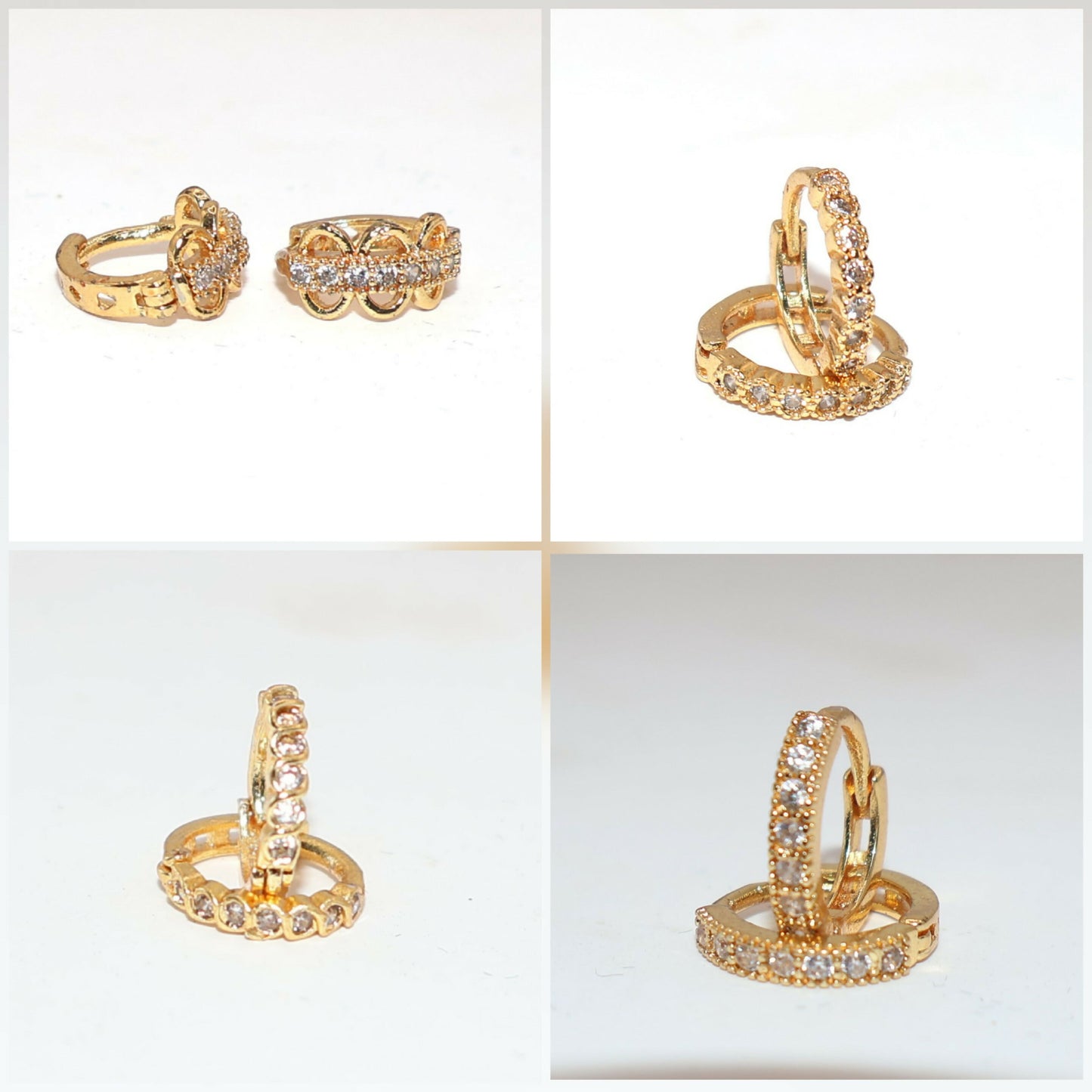 Gold plated huggie hoop earrings worn on ear, displaying elegant and minimalist look.