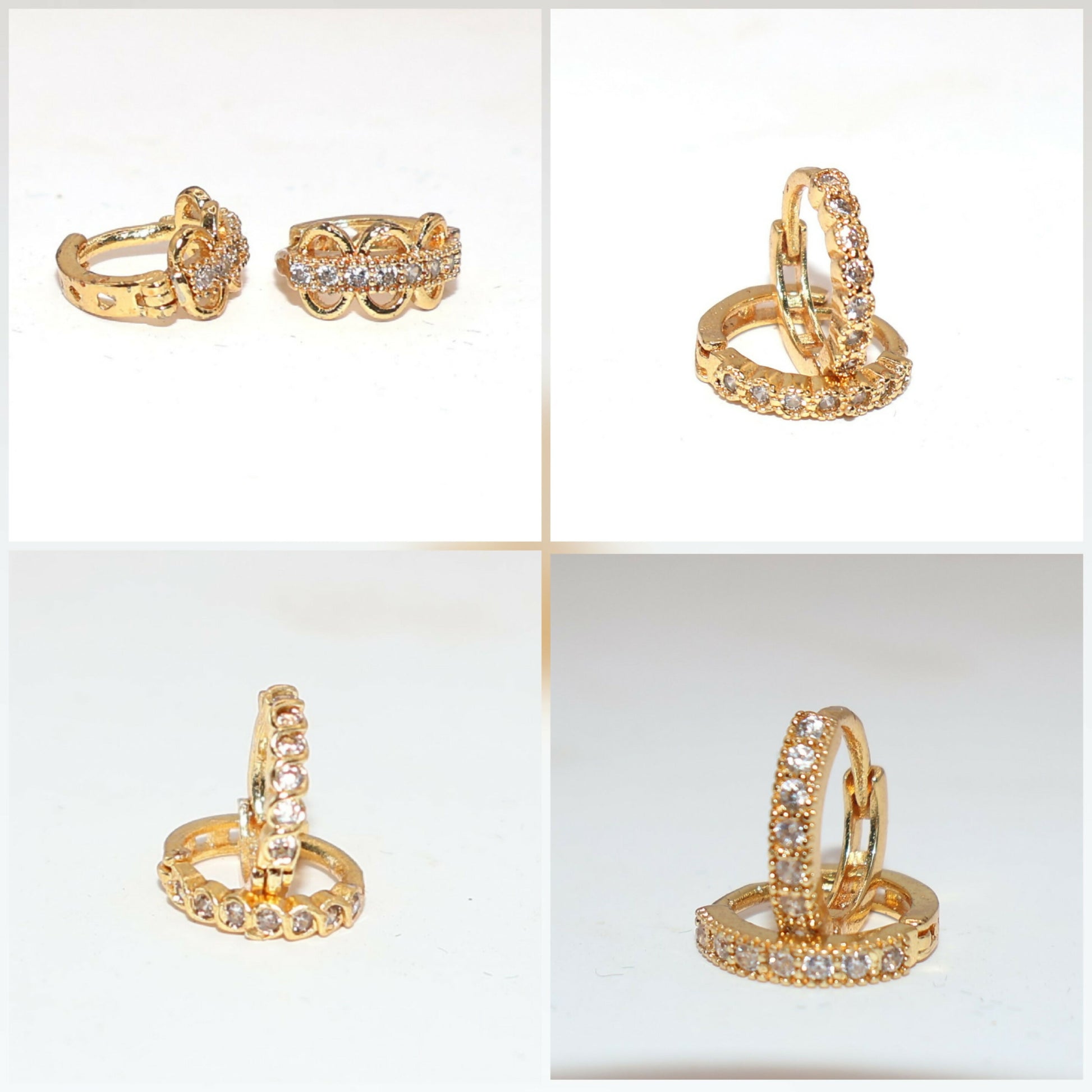 Gold plated huggie hoop earrings worn on ear, displaying elegant and minimalist look.