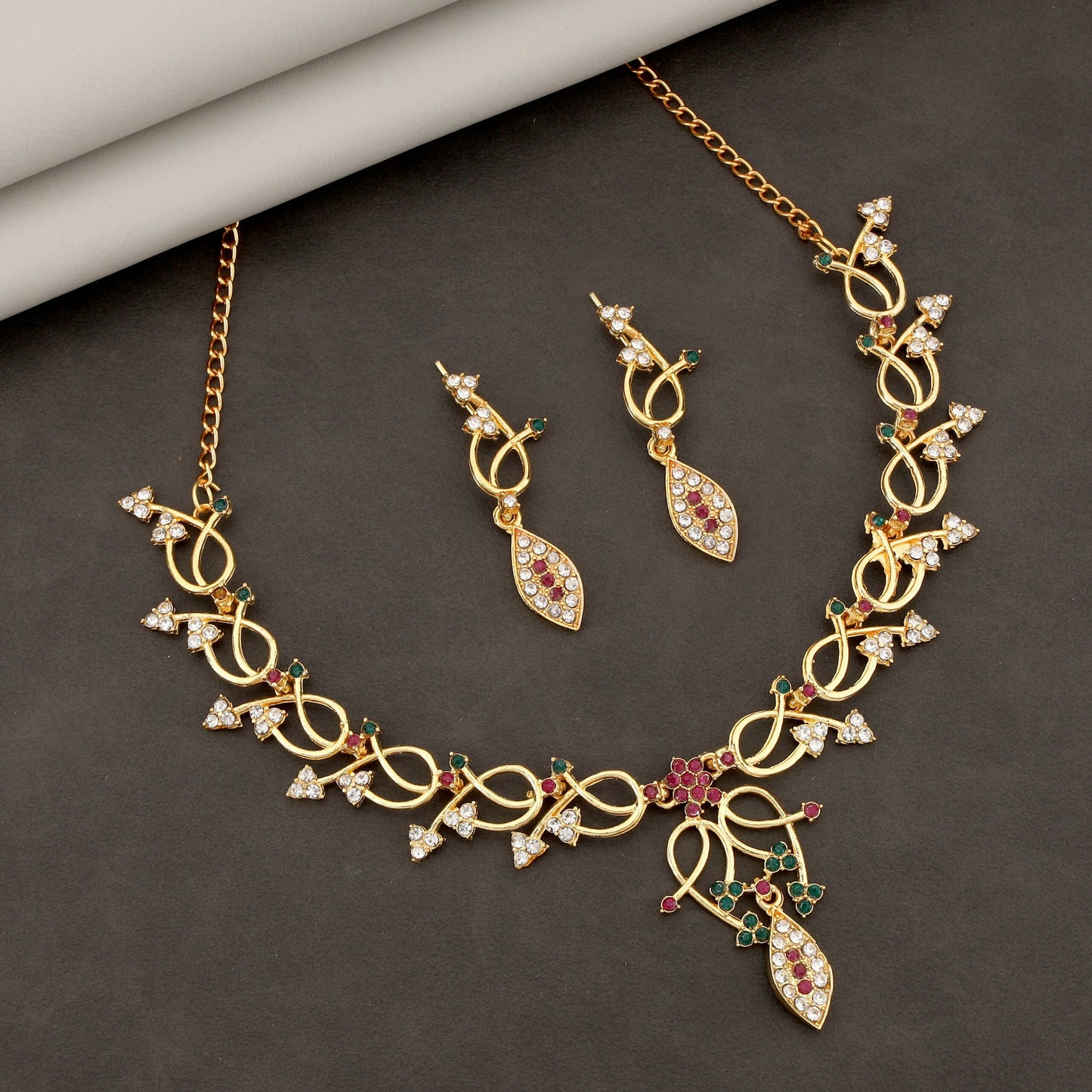 Elegant Gold-Toned Floral & Green-Pink Stone Set