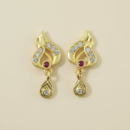 Classic Gold Tone Designer Leaf Earrings With Ruby Accent And Graceful Hanging Drop