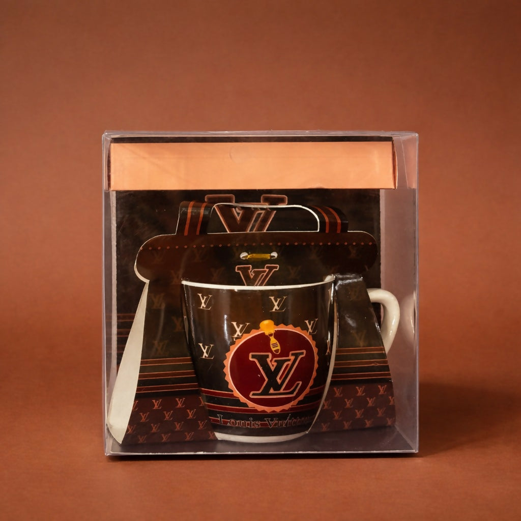 Stylish ceramic mug with detailed print next to its gift box