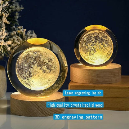 3D Crystal Moon Night Lamp with Wooden Base, USB Powered Decorative Light