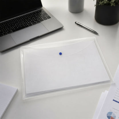 Stack of clear transparent document folders for office