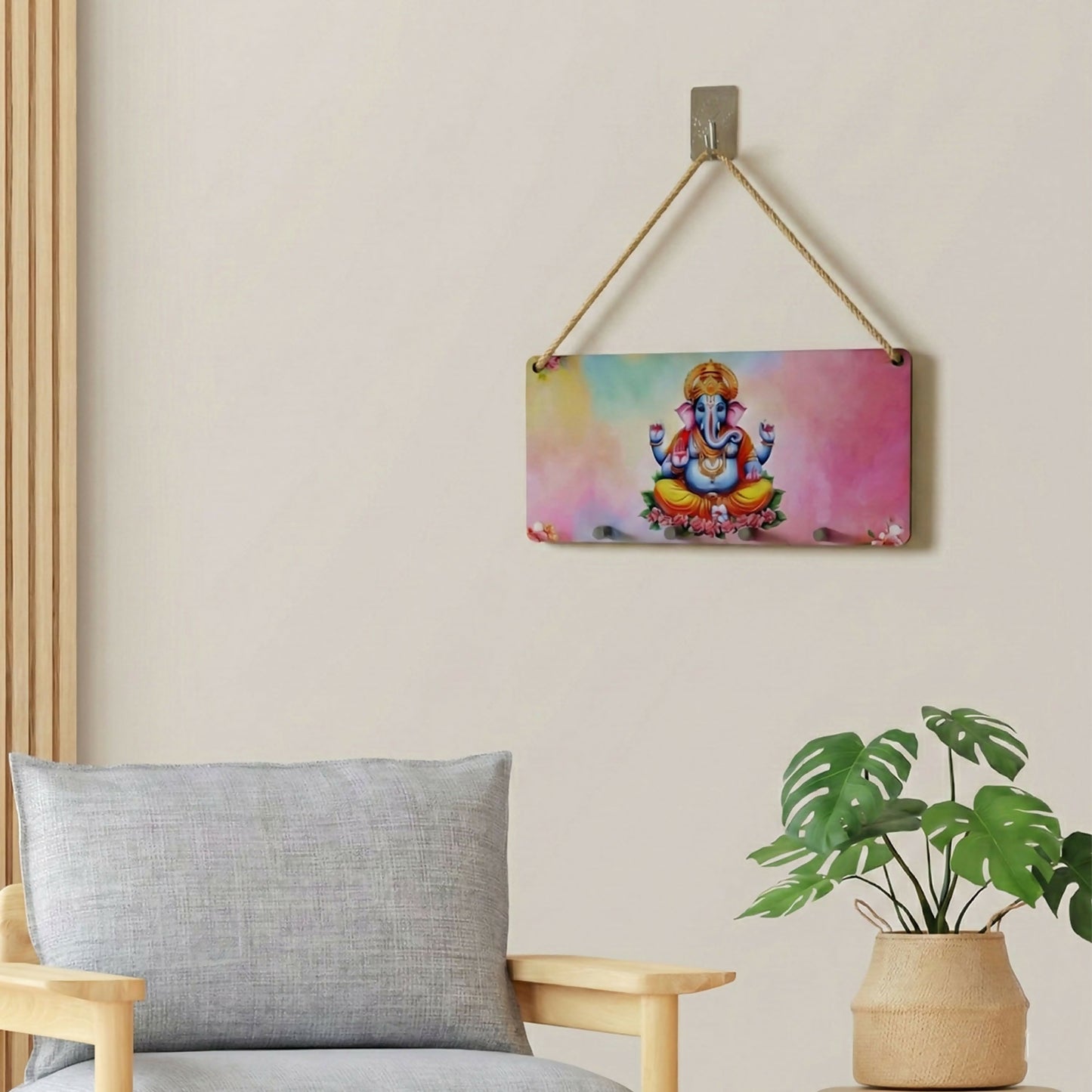 Ganpati Printed Wooden Key Holder with Rope Hanging & 4 Hooks – 6 x 12 Inch