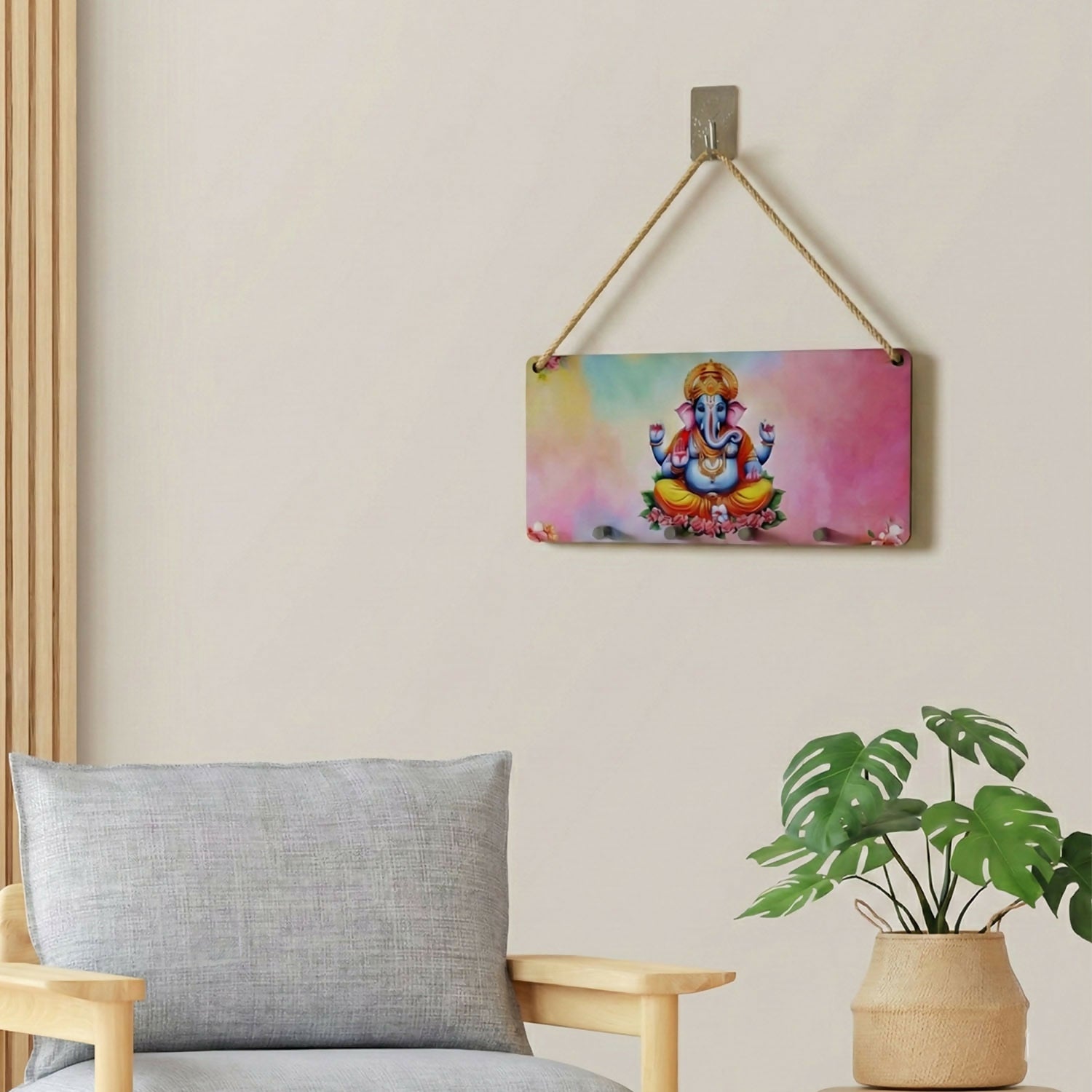 Ganpati Printed Wooden Key Holder with Rope Hanging & 4 Hooks – 6 x 12 Inch