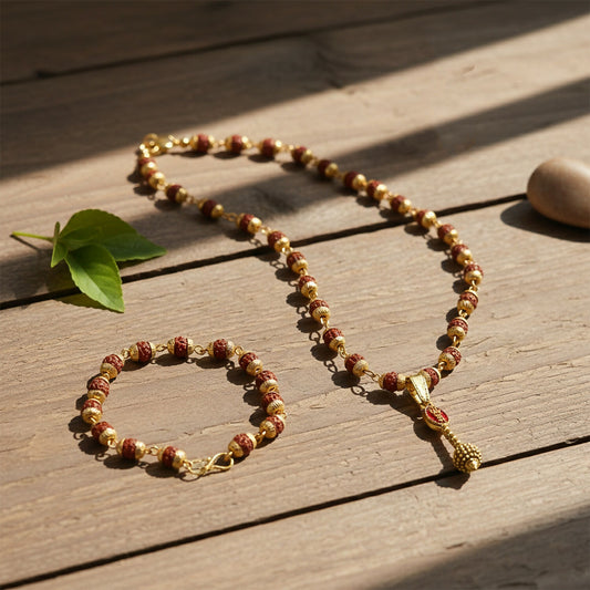 Ram Naam Gada Pendant Gold Plated & Rudraksha Bracelet Combo