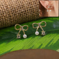 Bow-Knot Crystal Pearl Stud Earrings – Korean Minimalist Style