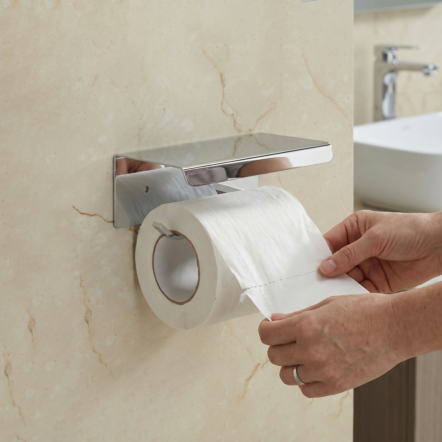 Modern stainless steel toilet paper holder for bathroom storage