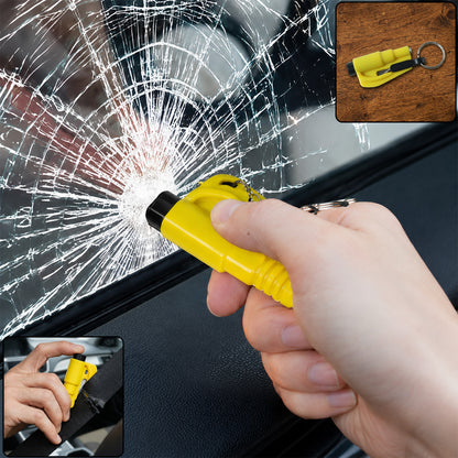 A hand holds a yellow car safety hammer against a spiderweb-cracked car window, with insets showing the hammer and its use