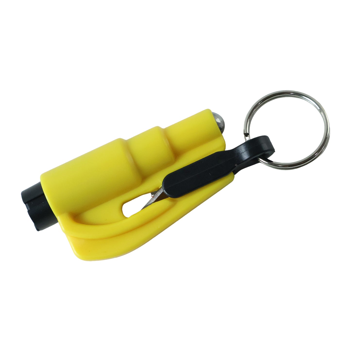 A yellow plastic keychain car safety hammer with a black seat belt cutter and a silver key ring is shown against a white