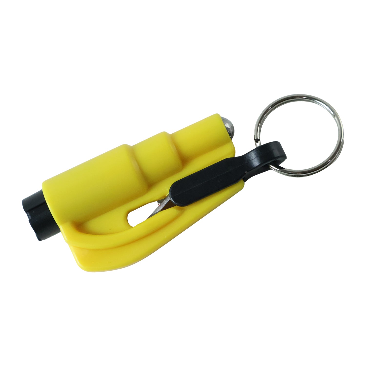 A yellow plastic keychain car safety hammer with a black seat belt cutter and a silver key ring is shown against a white