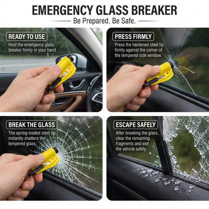 Four panels illustrate the use of the yellow emergency glass breaker, showing it held, pressed against glass, shattering