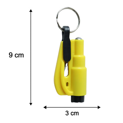 A yellow keychain car safety hammer with a black cutter is shown with dimensions of 9 cm length and 3 cm width on a white
