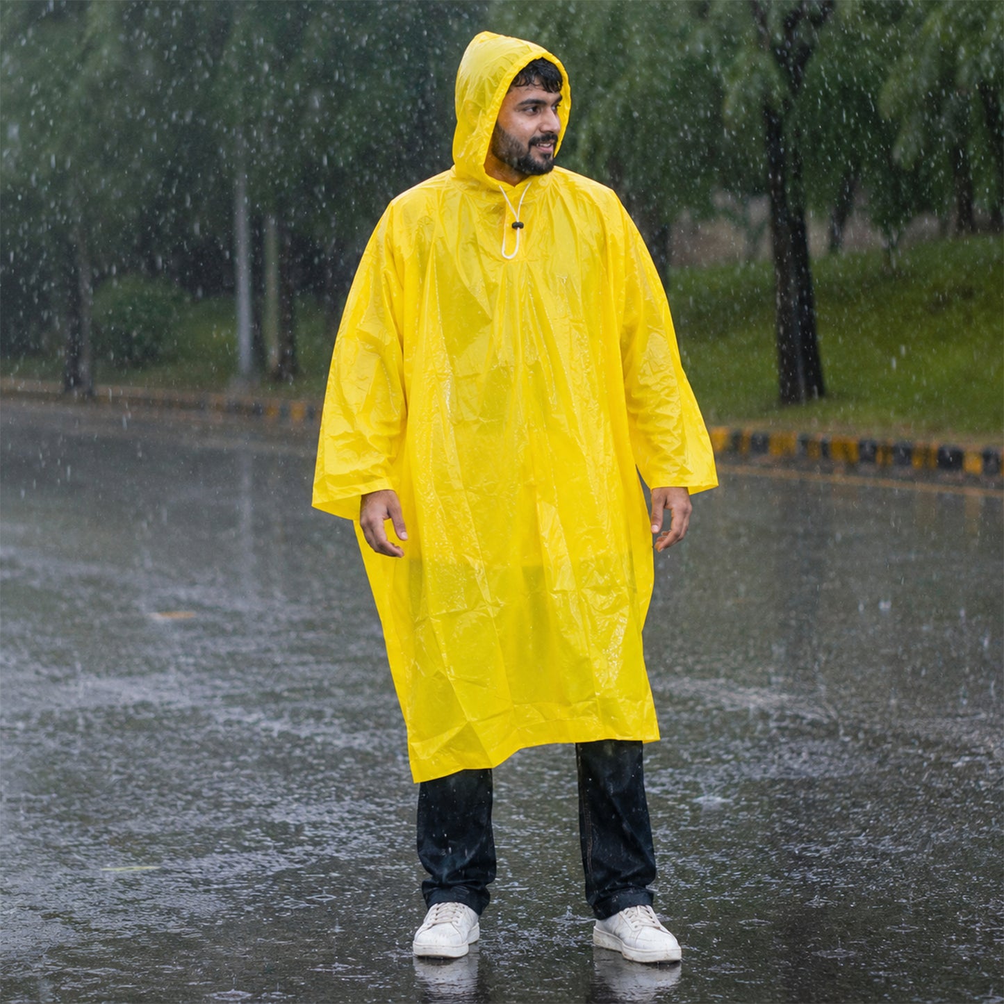 Reusable Waterproof Raincoat, Hooded Long Rain Poncho, Yellow (1 Pc)