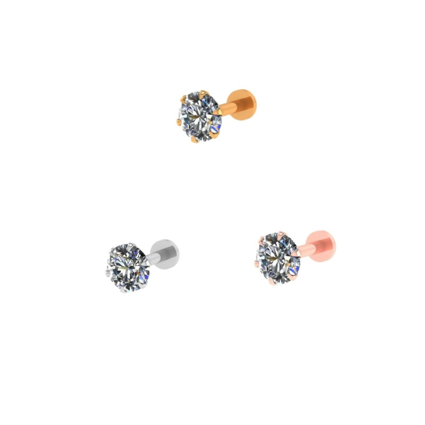 Rose gold labret stud nosepin with brilliant cut cubic zirconia and flat back