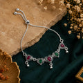 Oxidized Heart Slider Bracelet with Ruby & Emerald Glass Stones