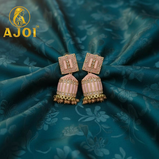 Blush Pink Designer Earrings with Elegant Stone Detailing and Drop Finish