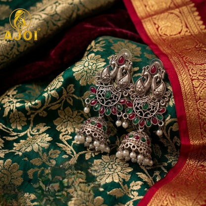 Oxidized Silver Peacock Jhumka Earrings with Ruby Green Stones & Pearls