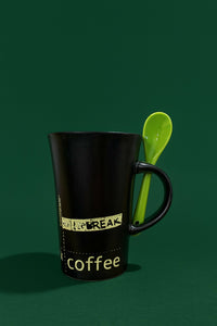 Black Ceramic Coffee Mug with Green Spoon – Stylish Coffee Break Printed Tea & Coffee Cup with Handle Slot Spoon | Microwave & Dishwasher Safe Mug for Home, Office & Gifting