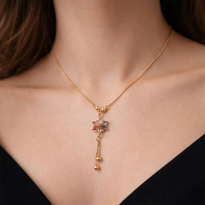 Multicolor crystal flower pendant necklace with gold chain and tassel drop