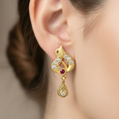 Classic Gold Tone Designer Leaf Earrings With Ruby Accent And Graceful Hanging Drop
