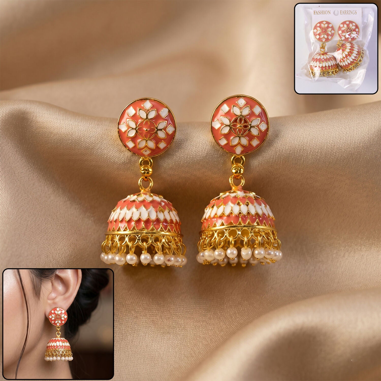 Peach Round Stud Jhumka Earrings with Pearl Drops