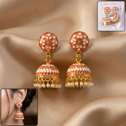 Designer peach round stud jhumka earrings with pearl drops front view