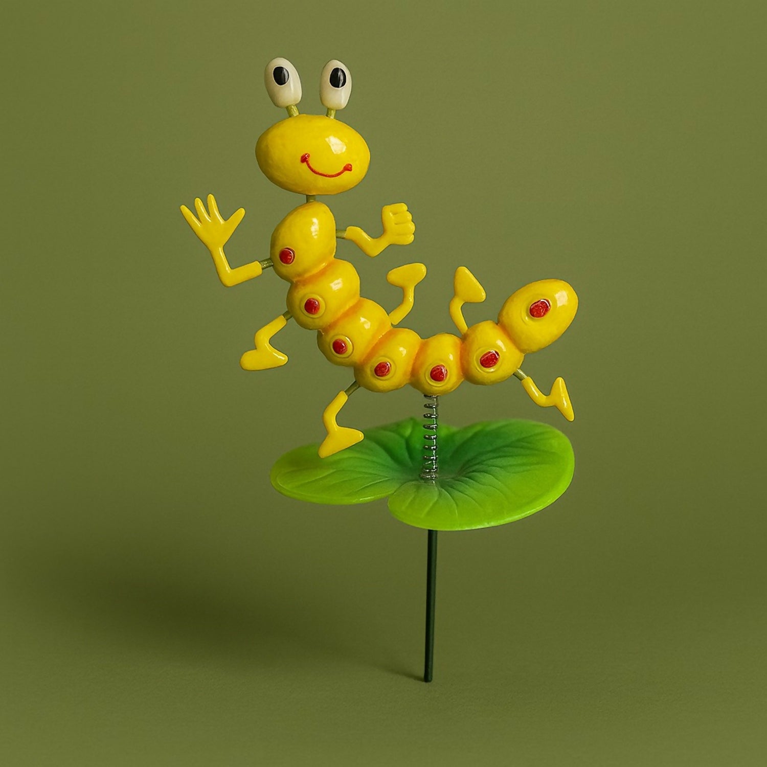 Cute Yellow Caterpillar Garden Stake for Outdoor Décor – Metal Insect Yard Ornament with Leaf Base ( 1PC)