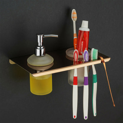 Premium Stainless Steel Wall Mounted Bathroom Shelf with Soap Dispenser & Toothbrush Holder
